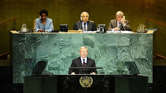 Kevin Rudd, as foreign minister, addresses the United Nations General Assembly in 2010.