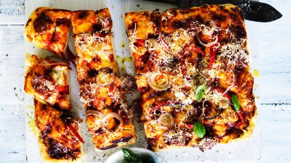 Scrumptious, Homemade Sicilian Pizza with Shaved Delicata, Salami