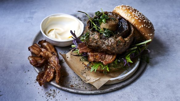 Whole mushroom, lamb and bacon burgers. 