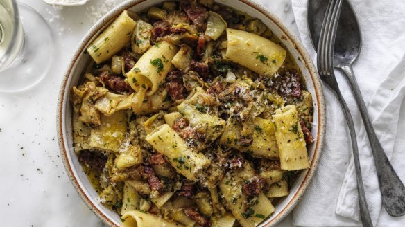 Artichokes work well in a salty pasta dish like this. 
