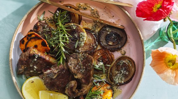 Barbecued lamb chops with sweet potato and rosemary butter.