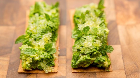 Attica's riff on avocado toast is topped with native finger lime 'caviar'.
