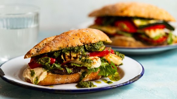 A roasted vegie sandwich with pesto AND hummus AND halloumi.
