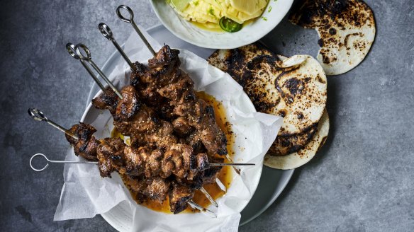 Chipotle chilli lamb skewers with margarita pickled pineapple.