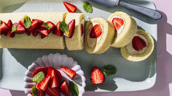 Slice this simple strawberry and cream roll cake to gift to neighbours (