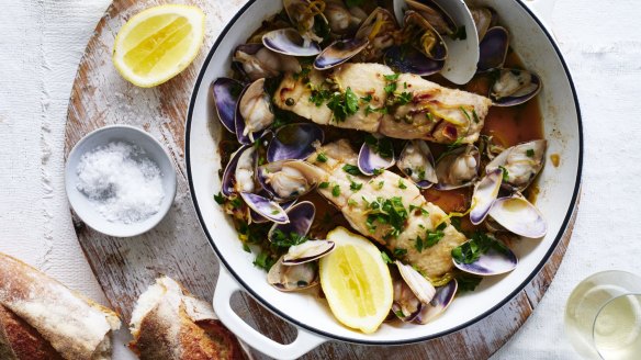 Adam Liaw's blue eye and clams with capers.