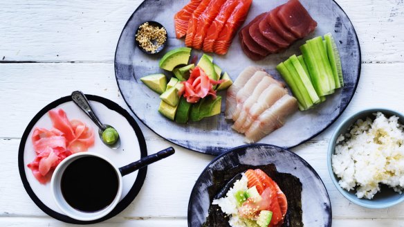 Sushi 'tacos' with sashimi, avocado and wasabi (