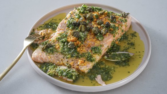 Roast salmon with lemony salsa verde and crispy capers.