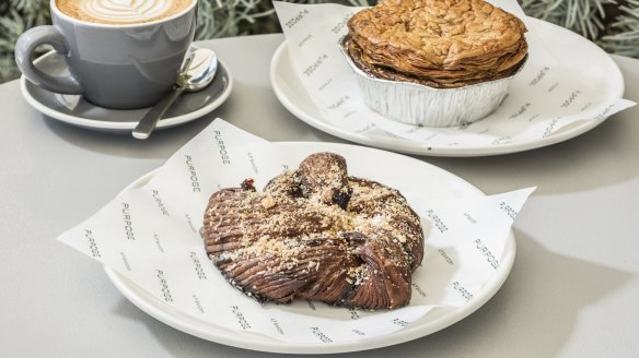 Espresso and gianduja babka croissant (centre) and pastrami pie (right).