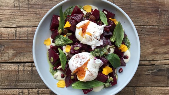 Pickled beetroot, soft egg, green tahini and chickpea crunch.
