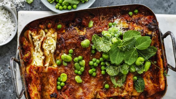 Welcome spring with Karen Martini's ricotta cannelloni with peas and broad beans.