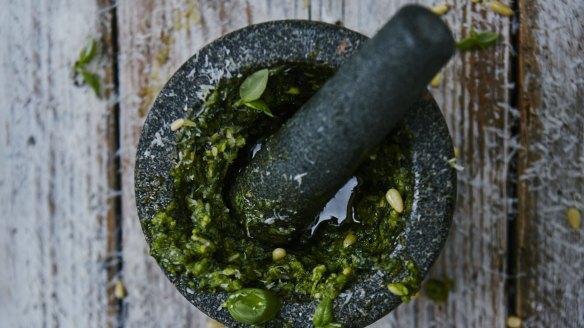 Jamie Oliver's best basil pesto with basil, parmesan and pine nuts.