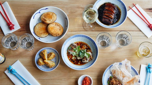 Clockwise from top left: Mapo tofu jaffles, moy choy (pork belly with mustard greens), pepper beef tartare, steamed barramundi, Hakkiend fried dumplings at Super Ling.