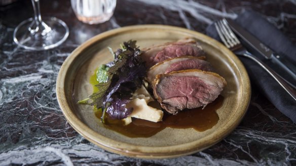 Lamb rump, La Dame cheese and mustard leaves. 