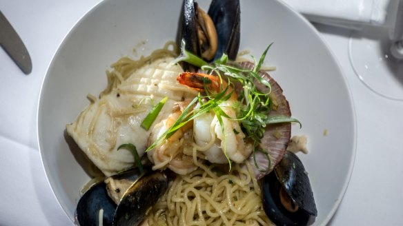 Seafood spaghetti is pleasantly briny.