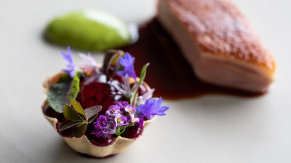 Aged duck breast, duck leg tartlet, beetroot, tarragon and preserved cherry from Ten Minutes by Tractor (77). 