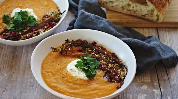 Roasty-toasty: Spiced carrot and sweet potato soup with toasted seeds and roasted carrots.