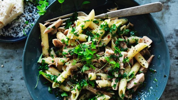 Penne with preserved chilli tuna.