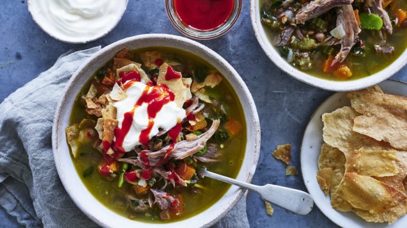 Spring lamb and lentil soup served with toasted mountain bread, yoghurt and sriracha.