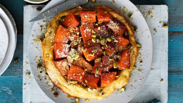 Sweet pumpkin tarte tatin with lime and pistachio
