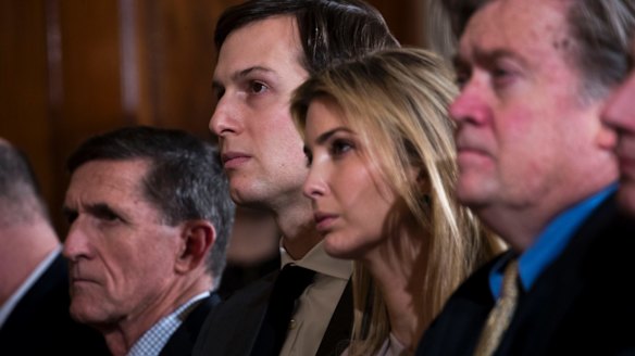 Jared Kushner and his wife Ivanka Trump at the White House during the visit of Japanese Prime Minister Shinzo Abe. At left is National Security Adviser Michael Flynn; at right is Steve Bannon. 