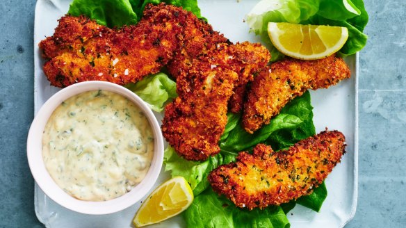 Crumbed chicken tenderloins with Creole ravigote sauce.