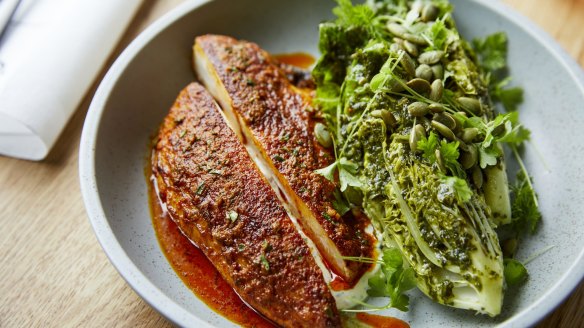 Corn-fed chicken with gem lettuce, herbed creme fraiche, salsa verde and pepitas.