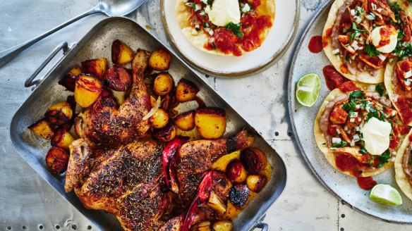 Danielle Alvarez's chicken diavola (left) and chicken tinga tostadas.