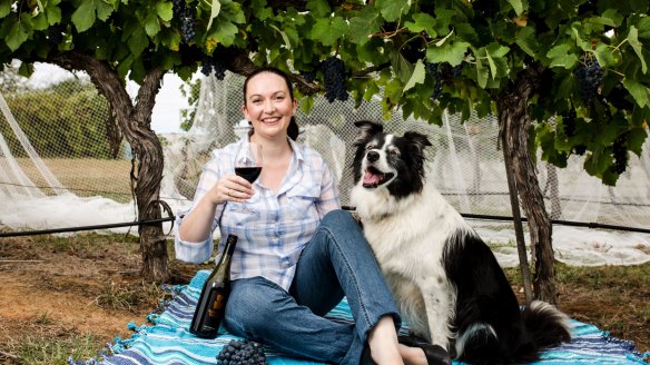 The Vintner's Daughter vineyard owner Stephanie Helm with her dog Matilda, shiraz grapes and a bottle of Vintner's Daughter shiraz viognier.  