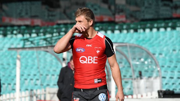 Facing the press: Kieren Jack at Swans training session on Wednesday.