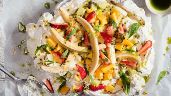 The Blue Ducks' pavlova topped with colourful summer fruit.