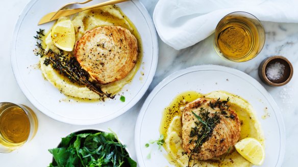 Pan-fried swordfish with celeriac puree and herb.