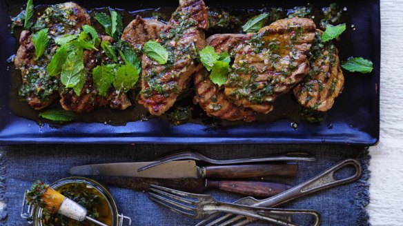 Keep sauces and fresh herbs handy, for finishing dishes such as Argentinian-style lamb steaks with mint chimichurri (pictured).