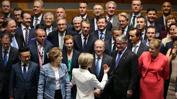 Foreign Affairs minister Julie Bishop poses for photos with Australian global heads of mission in Canberra for a meeting at Parliament House on Tuesday.