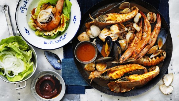 Barbecued seafood with gochujang butter sauce.