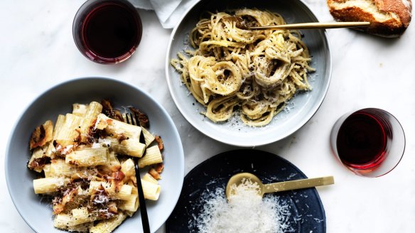 Pasta alla grica (left) and cacio e pepe are simple classics - pre-grated parmesan is forbidden.