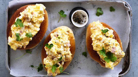 Adam Liaw's carbonara sandwiches in soft white rolls (