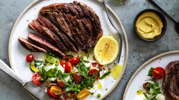 Karen Martini's seared scotch fillet with mozzarella, peas and cherry tomatoes (