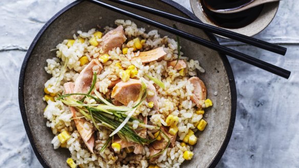 Salmon and corn rice.