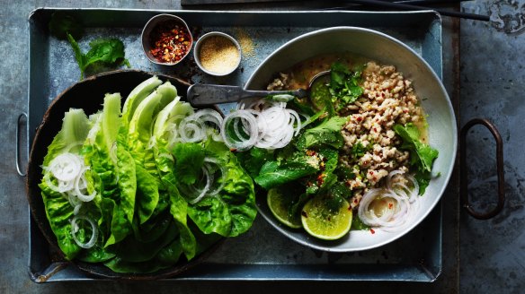 Chicken larb with roasted rice.