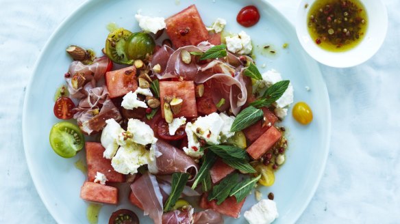 A simple summer salad with refreshing watermelon and a peppery dressing.