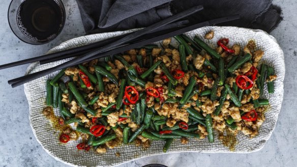Wok-fried mince and green beans.