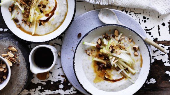 Slow-cooked oat porridge with apple, almond and maple syrup.