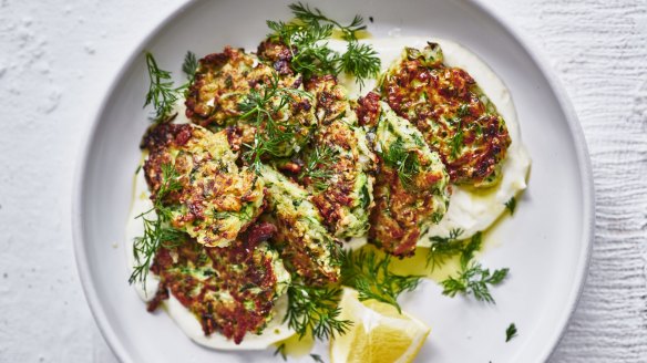 Hot crunchy fritters with cool garlic yoghurt.