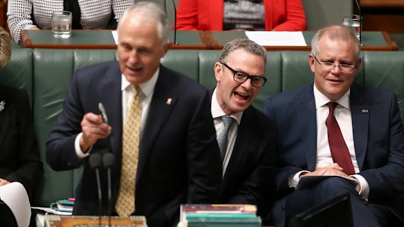 Prime Minister Malcolm Turnbull, Minister for Industry, Innovation and Science Christopher Pyne and Treasurer Scott Morrison during question time on Wednesday. 