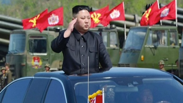 Kim Jong-un at a "combined fire demonstration", held to celebrate the 85th anniversary of the North Korean army in Wonsan, in an image from a video broadcast by the North's KRT on Wednesday