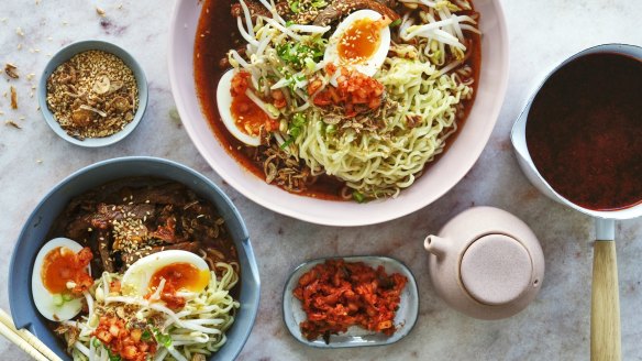 Ramyeon noodles with spicy broth, chilli beef and soft-boiled egg.