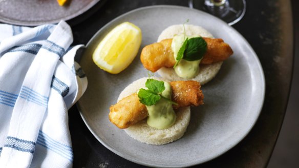 Fried flathead sandwiches with pea and mint mayo at Chiswick.