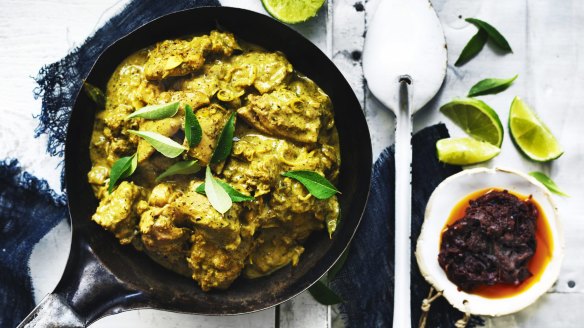 Sri Lankan chicken curry with onion sambal.