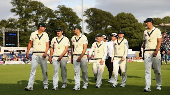 Australia's players leave the arena at Cardiff's Swalec Stadium (nee Sophia Gardens) after day one of the first Ashes Test against England.